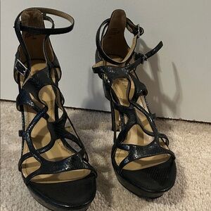 Elegant Black Faux Snakeskin Strappy Women's Sandals